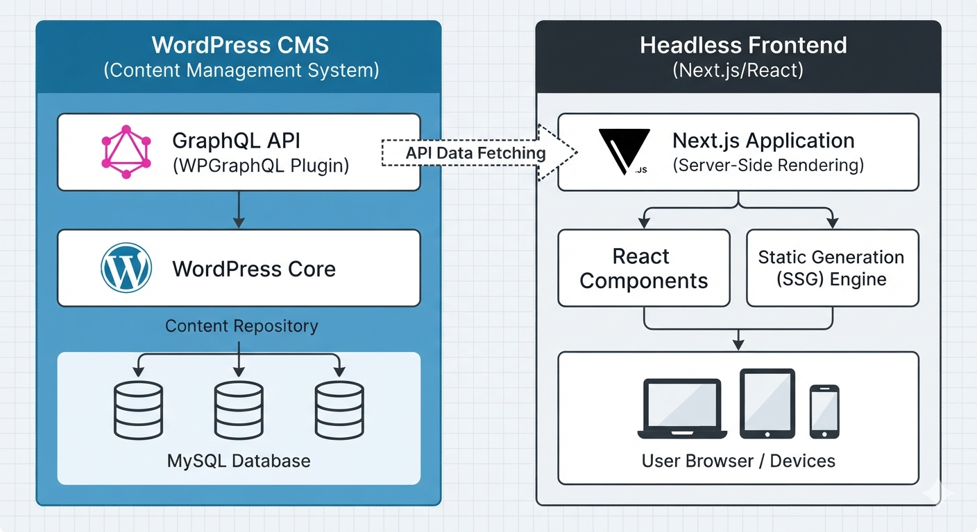 Headless WordPress architecture connecting WordPress with React and Next.js